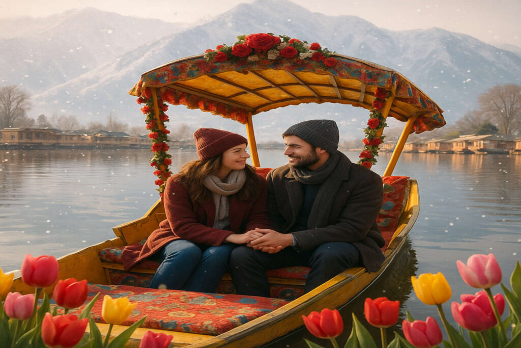 Anniversary couple enjoying a romantic shikara ride in Dal Lake during a Kashmir holiday package | Panda Tours and Travels