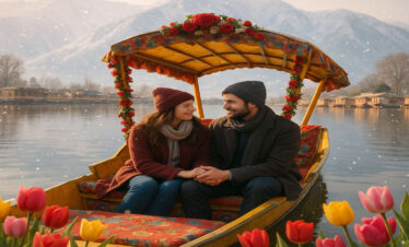 Anniversary couple enjoying a romantic shikara ride in Dal Lake during a Kashmir holiday package | Panda Tours and Travels