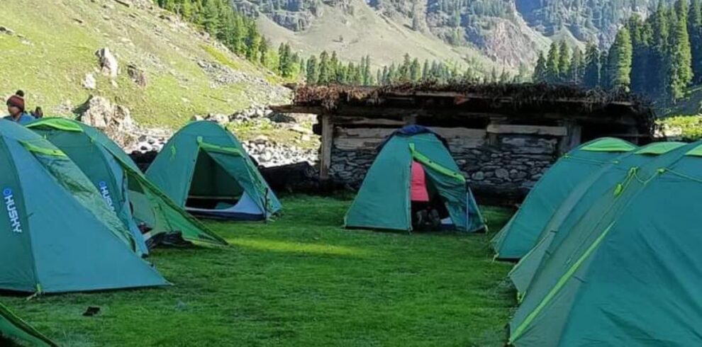 Camping tents in lush green valley during Kashmir Great Lakes Trek with Himalayan mountains