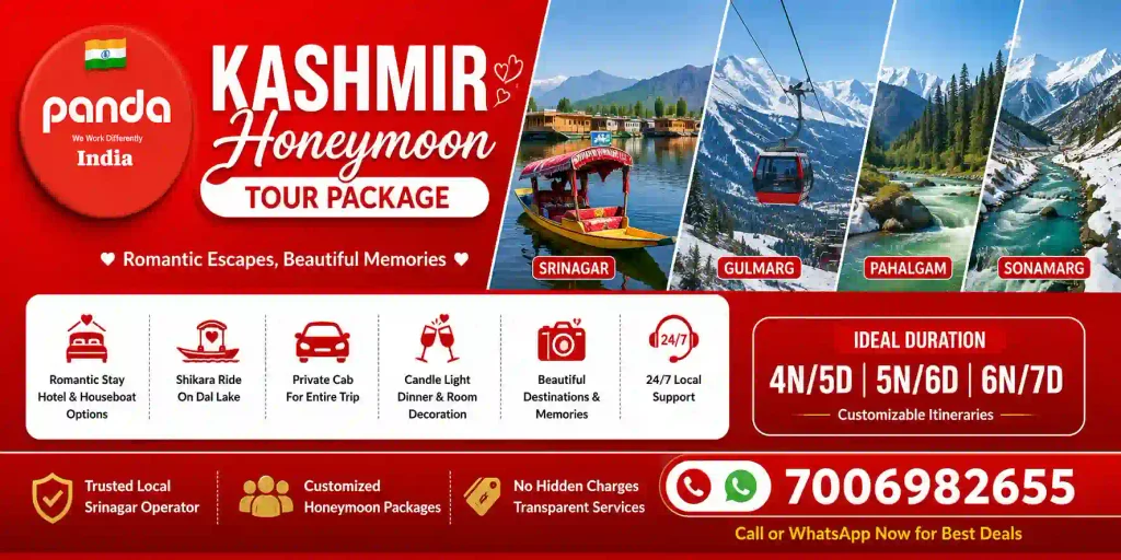 Kashmir Honeymoon Tour Package with Srinagar, Gulmarg, Pahalgam and Sonamarg by Panda Tours and Travels