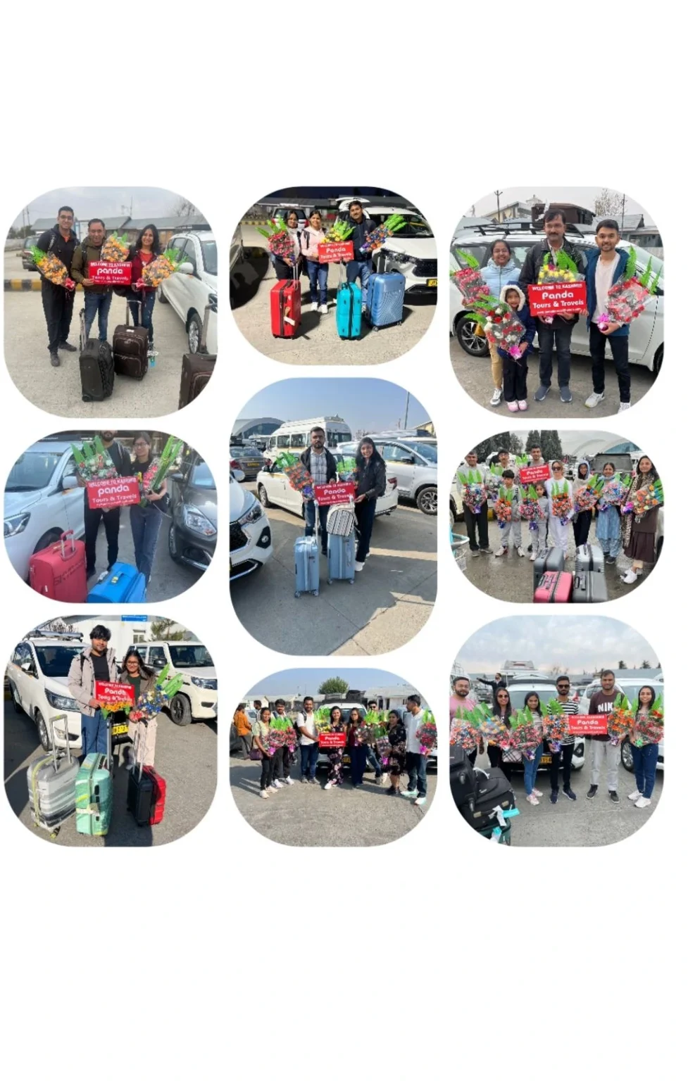 Tourists welcomed at srinagar airport by panda tours and travels at arrival time with flowers.