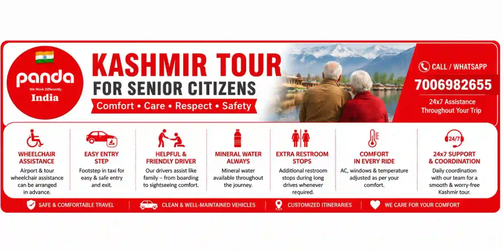 Kashmir tour Package for senior citizens with wheelchair assistance, comfortable taxi and 24x7 support