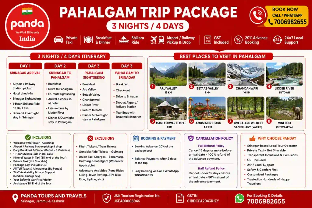 Pahalgam Trip Package – 3 Nights 4 Days Itinerary, Inclusions And Booking 2 Pahalgam Trip Package 3 Nights 4 Days with sightseeing and private taxi