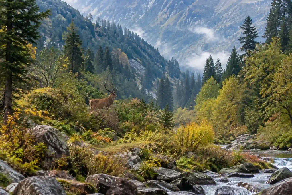 Best Places to Visit in Kashmir 14 Photorealistic wildlife landscape of Dachigam National Park near Srinagar, Kashmir, showing a Kashmir stag (hangul) standing naturally among autumn vegetation, conifer forests, rocky terrain and a clear mountain stream.
