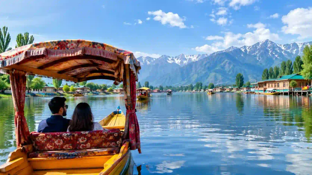 Kashmir in June 2027: Weather, Temperature And Places to Visit 2 Tourists enjoying a traditional shikara ride on Dal Lake in Kashmir during June with crystal-clear water, houseboats, lush green surroundings, and Himalayan mountains under a bright blue sky.