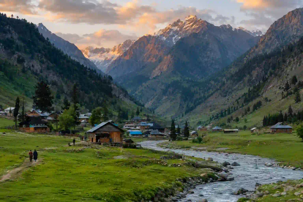 Best Places to Visit in Kashmir 8 Traditional wooden houses in Gurez Valley beside the Kishanganga River surrounded by rugged Himalayan mountains during a peaceful evening in Kashmir, India.