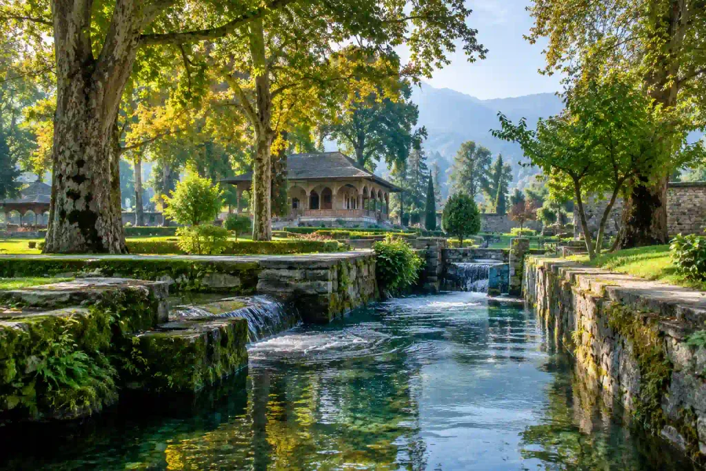 Best Places to Visit in Kashmir 10 Historic Kashmiri spring flowing through moss-covered stone channels in a lush Mughal garden, framed by mature chinar trees with a traditional pavilion and mountains in the background.
Title: Historic Spring Garden in Kashmir