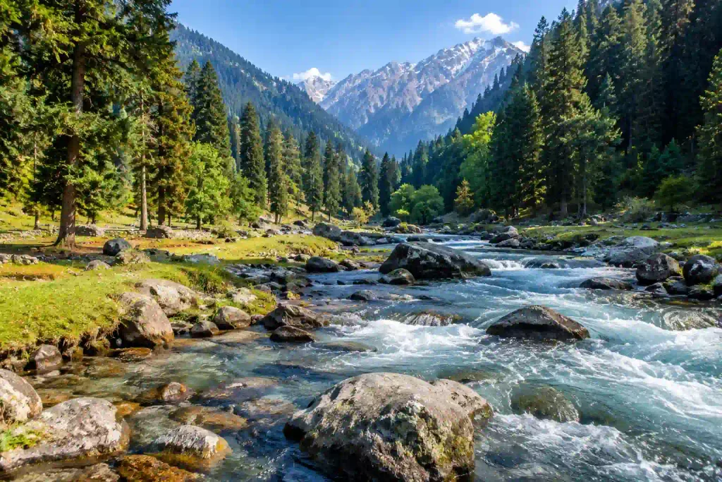 Best Places to Visit in Kashmir 4 Crystal-clear Lidder River flowing through Pahalgam valley with pine forests, Himalayan mountains and natural rocky riverbanks in Kashmir, India.
