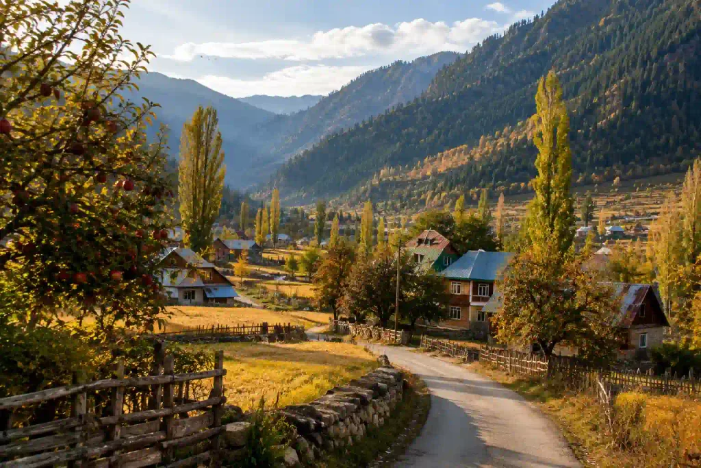 Best Places to Visit in Kashmir 12 Photorealistic autumn landscape of Lolab Valley, Kashmir, with golden fields, apple orchards, poplar trees, village homes and a winding rural road beneath forested mountains.