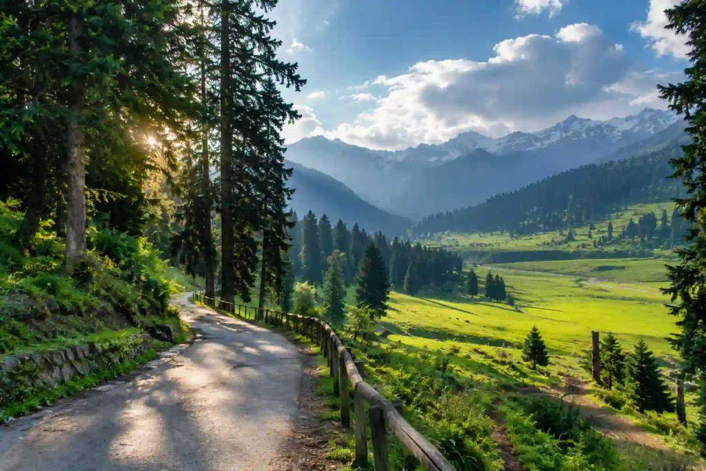 Best Places to Visit in Kashmir 7 Scenic forest road leading into the lush green meadows of Yousmarg surrounded by tall pine forests and Himalayan mountains in Kashmir, India.