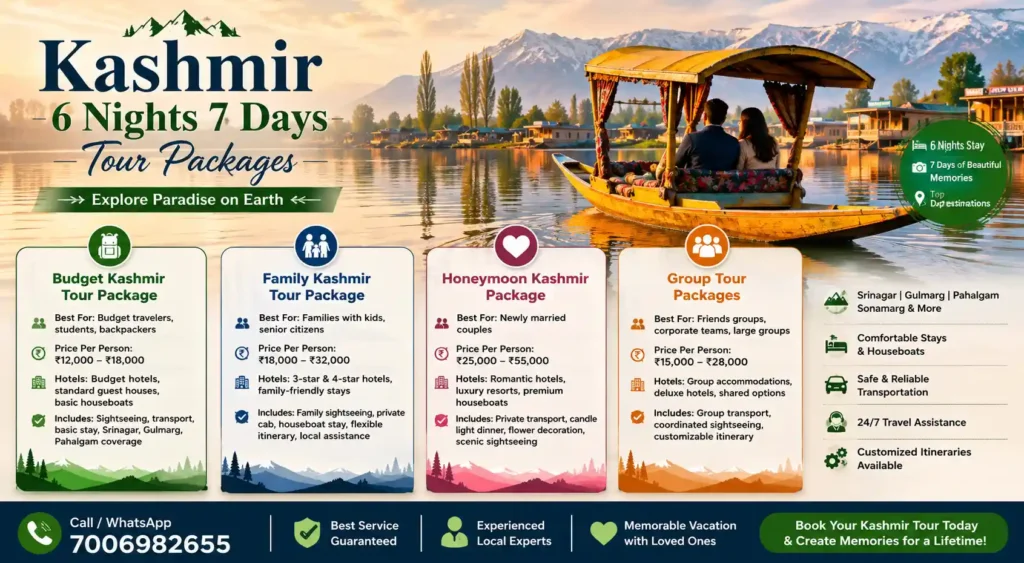 Kashmir 6 Nights 7 Days Package – Complete Kashmir Tour Guide for 2026 3 infographic image for kashmir 6 nights 7 days package