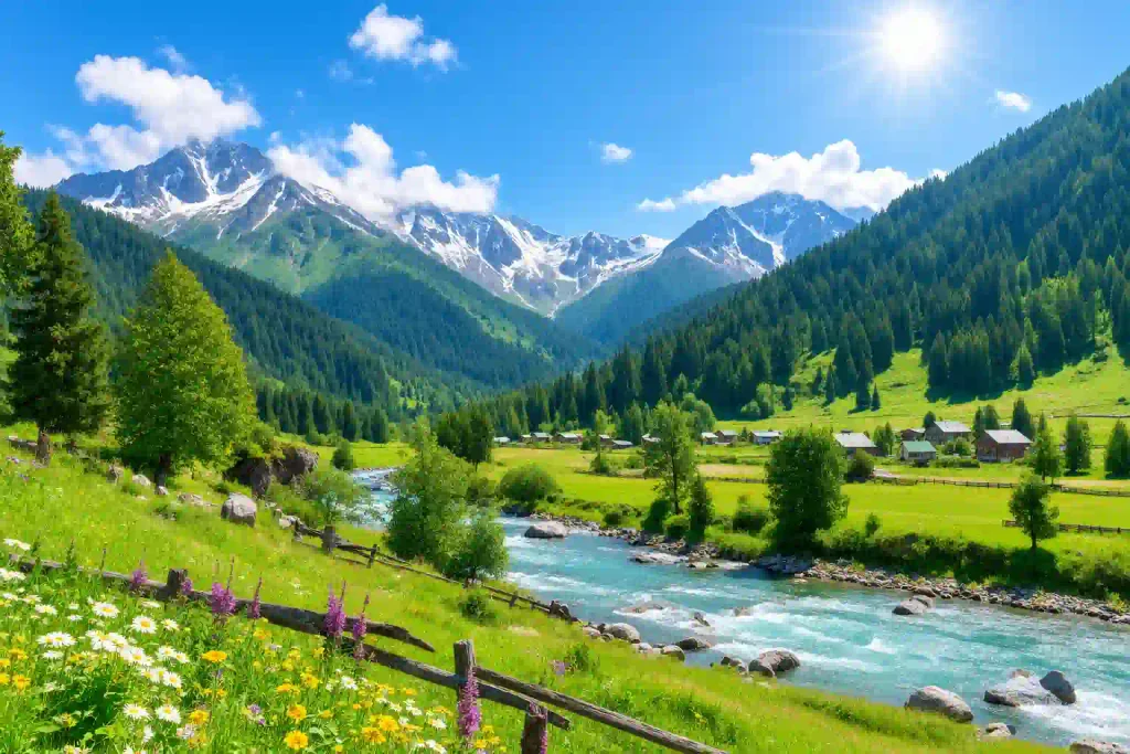 Kashmir in July: Weather, Temperature, Places to Visit And Things to Do 3 Kashmir in July with green mountains, bright sunlight, blue sky, wildflowers and a clear river