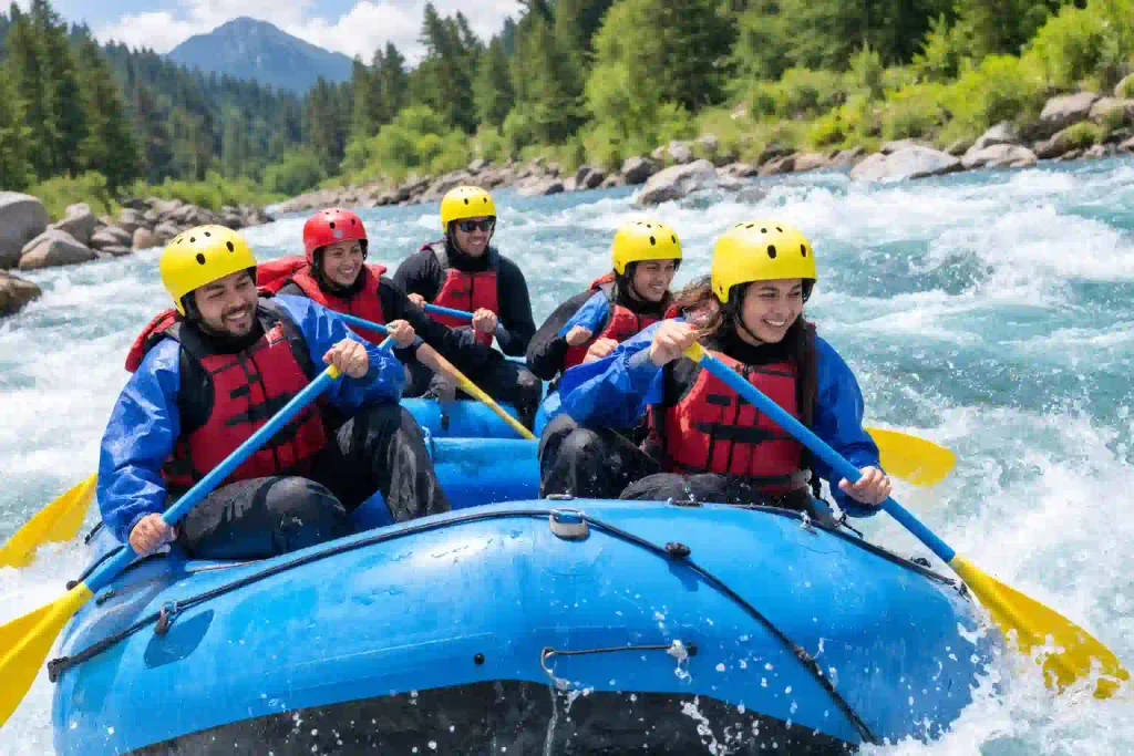 Kashmir in July: Weather, Temperature, Places to Visit And Things to Do 2 River rafting in Kashmir in July with rafters navigating turquoise rapids in the mountains
