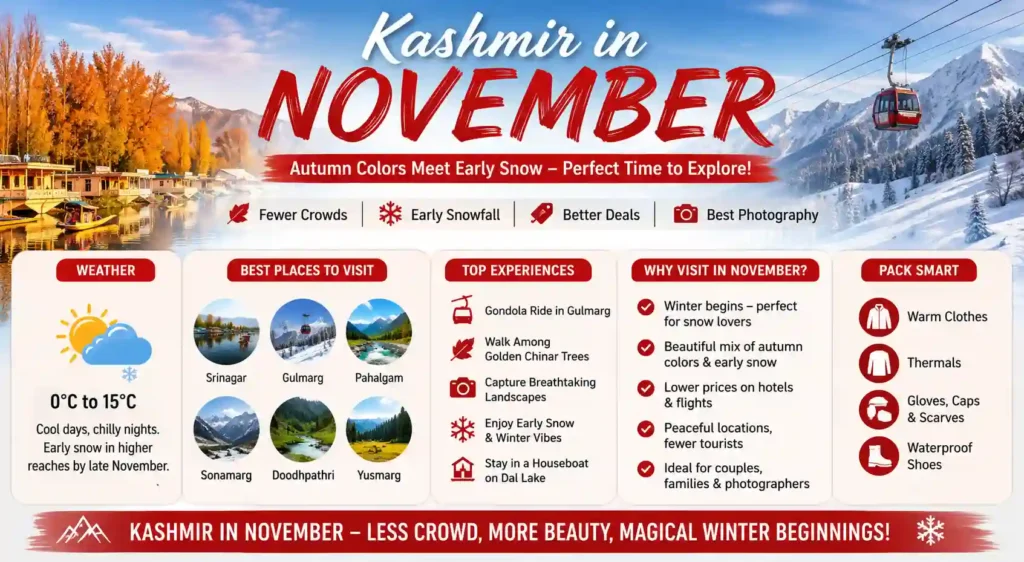 Kashmir in November 2026 – Weather, Snowfall, itinerary, Places to Visit, Things to Do & Complete Travel Guide 2 infographic image for Kashmir in november
