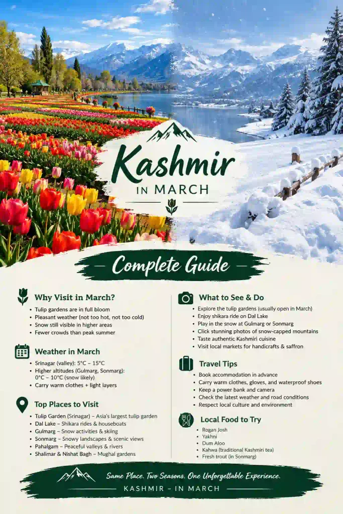 Kashmir in March travel guide showing a split scene with colorful tulip gardens on one side and snow-covered Kashmir mountains and lake on the other, with a complete travel guide below.