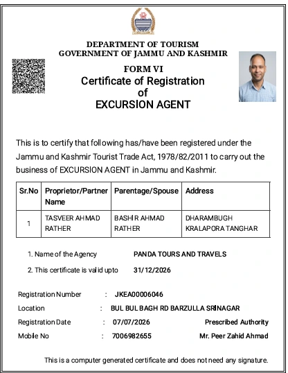 Kashmir Tour Packages From Canada : Complete Travel Guide, Best Itineraries , Routes and Best Month To visit 2 Panda tours and travels registration certificate