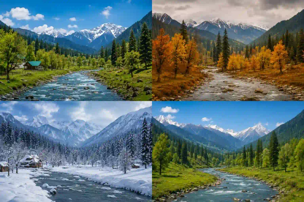 Best Time To Visit Pahalgam: Best Months, Weather And Seasons 2 Best time to visit Pahalgam shown across spring, summer, autumn and winter landscapes