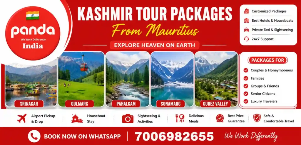 Kashmir tour packages from Mauritius featuring Srinagar, Gulmarg, Pahalgam, Sonamarg and Gurez Valley