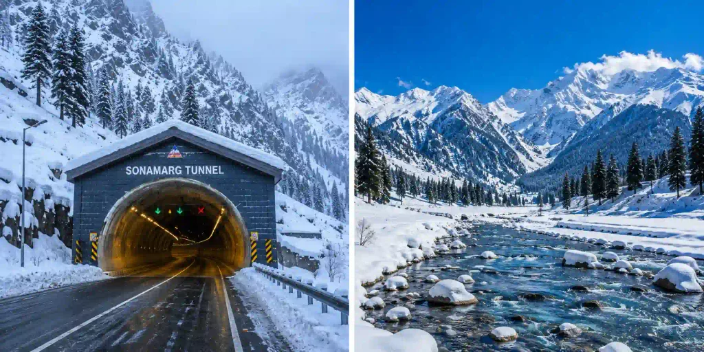 Snow-covered Sonamarg mountains with a flowing river in winter, Kashmir
