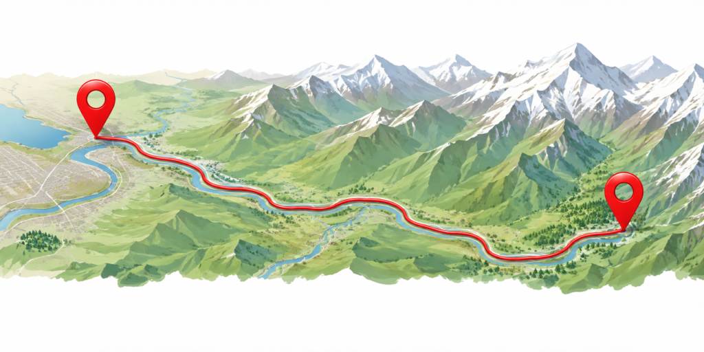Srinagar to Pahalgam distance route map showing the road journey through Kashmir