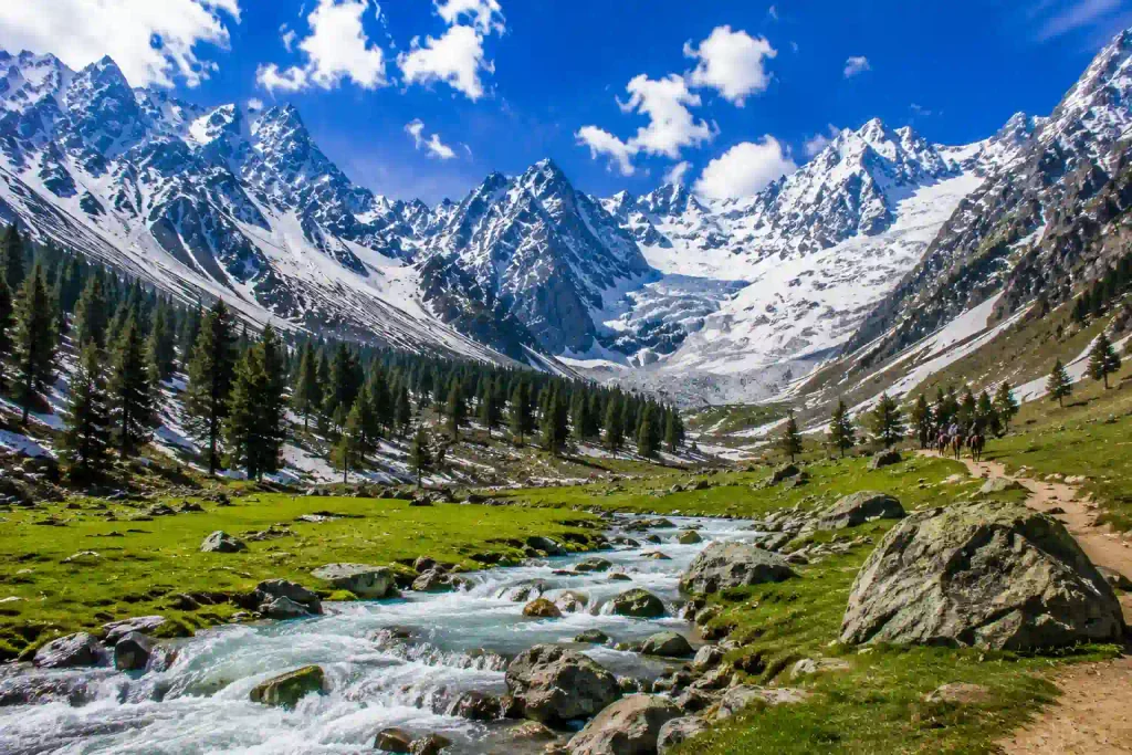 Thajiwas Glacier Sonamarg surrounded by green meadows, pine trees, snow-covered mountains and a mountain stream
