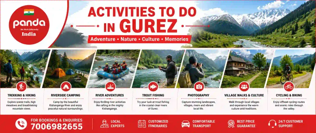 Activities to Do in Gurez Valley: Best Experiences for Travellers 3 Activities to do in Gurez valley featuring trekking, camping, rafting, trout fishing, photography, village walks and cycling