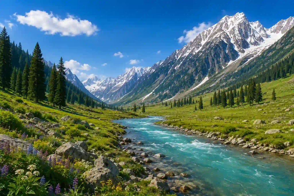 Scenic Sonamarg valley with turquoise river, green meadows and snow-capped mountains