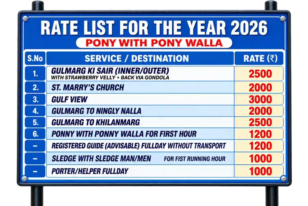 Gulmarg pony ride rate list 2026 showing pony routes and sightseeing fares