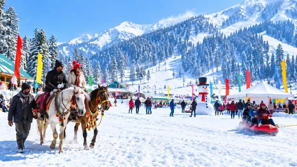 Winter festival in Gulmarg Kashmir with snow-covered mountains, tourists, horses, and festive activities