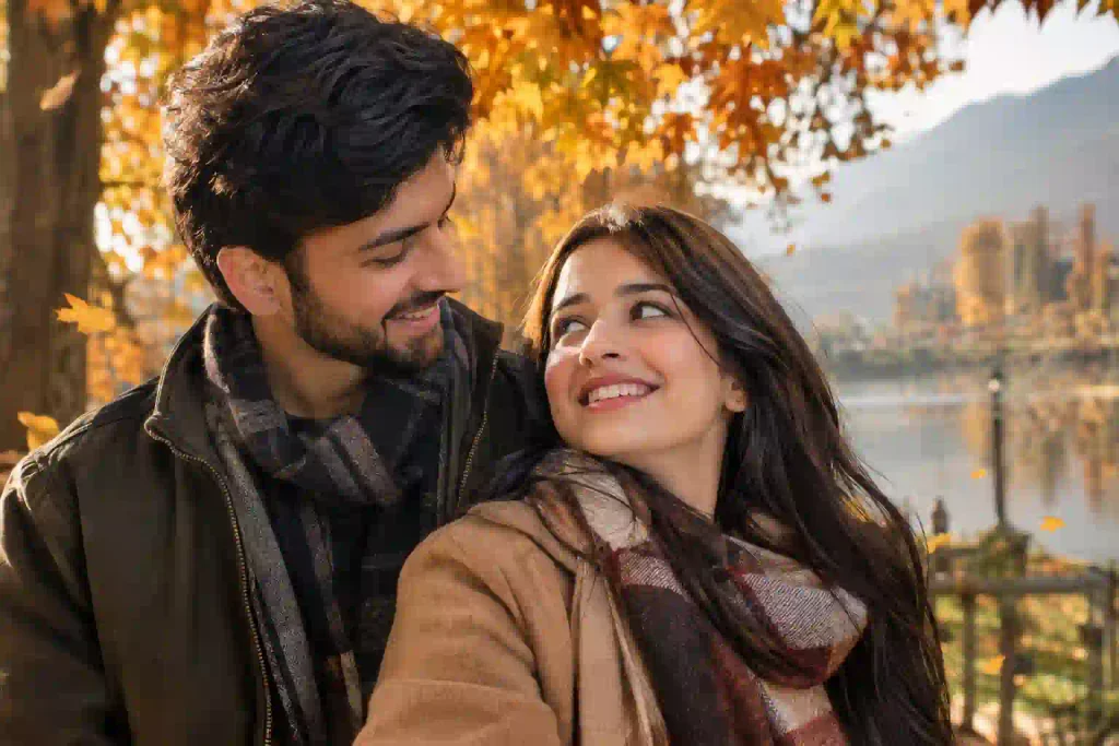 Ultra-realistic close-up photograph of a joyful young couple sharing a romantic moment among golden autumn foliage in Kashmir, India, during golden hour.