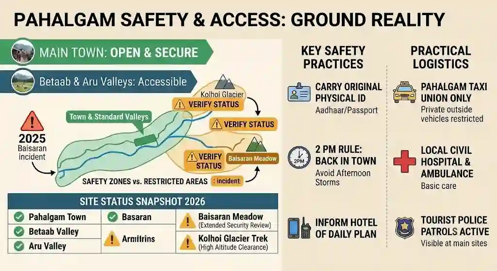 Infographic mapping Pahalgam safety and access status, highlighting open zones like Betaab Valley, local taxi union rules, and practical security logistics.