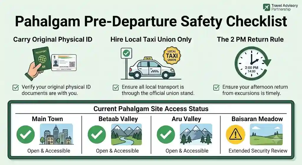 An infographic titled 'Pahalgam Pre-Departure Safety Checklist' in a clean, professional flat-design style. It uses a trusted color palette of forest greens, crisp whites, and soft blues. The top section features vector icons and sub-text for 'Carry Original Physical ID', 'Hire Local Taxi Union Only', and 'The 2 PM Return Rule'. The bottom section is a status board with distinct framed columns and icons showing 'Open & Accessible' status with green checkmarks for Main Town, Betaab Valley, and Aru Valley, and an 'Extended Security Review' status with a yellow caution triangle for Baisaran Meadow. Includes a Travel Advisory Partnership logo.