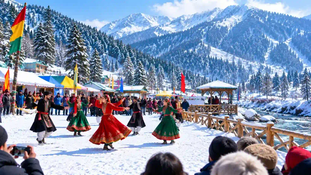 Winter festival in Pahalgam Kashmir with traditional Kashmiri dancers, snowy mountains, river, and tourists