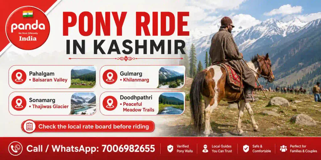 Pony ride in Kashmir infographic showing Pahalgam, Gulmarg, Sonamarg and Doodhpathri