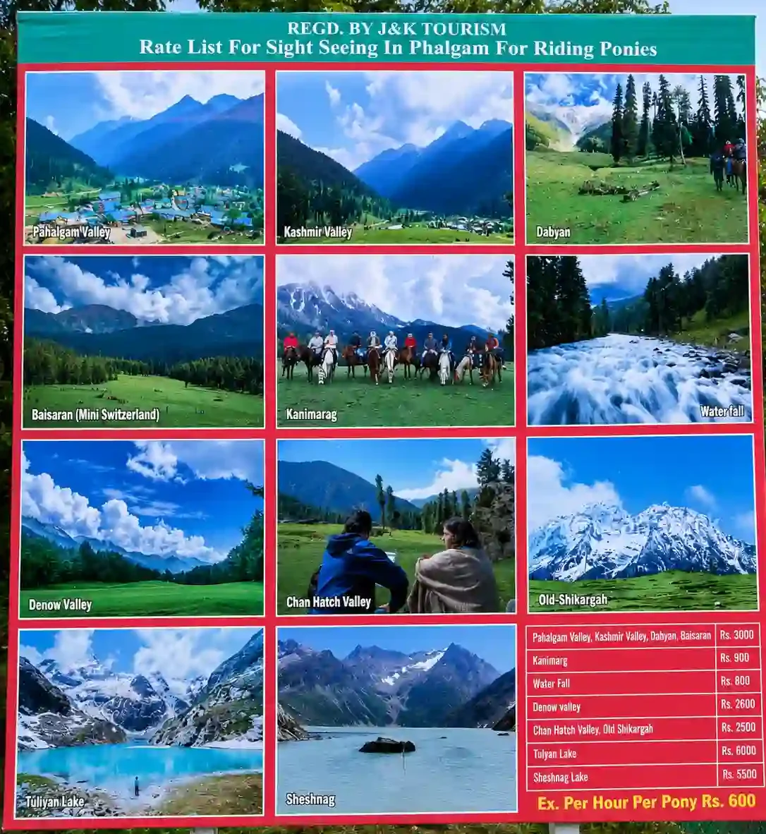 Pahalgam pony ride rate list 2026 showing sightseeing routes and pony fares