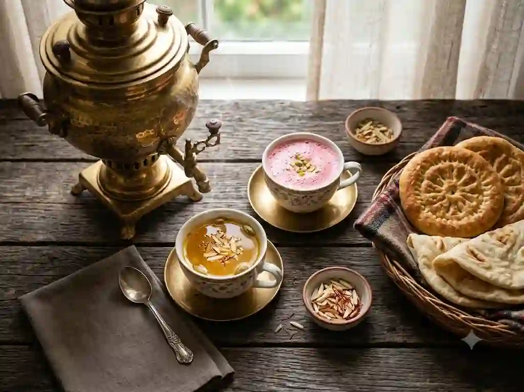 Activities to Do in Srinagar: What to Do, When to Go and Who It Suits 7 A rustic wooden table holds a classic brass samovar, several cups of tea, nuts, and a basket of fresh pastries next to a sunny window.