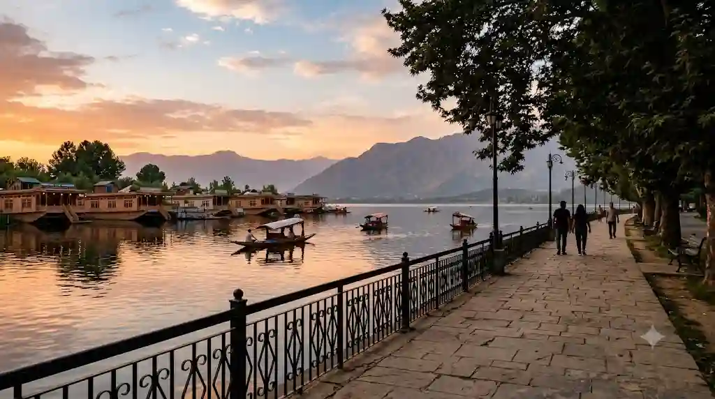 Evening sunset along Boulevard Road beside Dal Lake in Srinagar with shikaras on the water