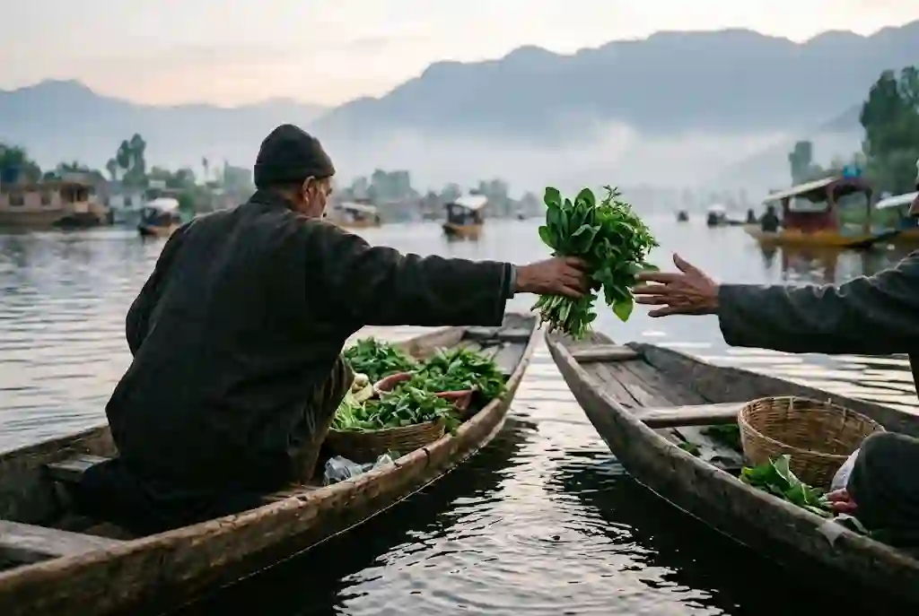 Floating Market in Srinagar: Timing, How to Reach and Tips 5 Two wooden boats side by side as a vendor passes fresh vegetables to a buyer at the Dal Lake floating vegetable market