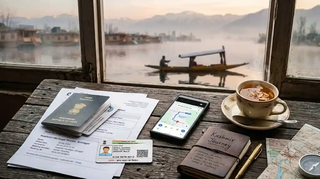 Travel documents and ID proofs laid out for a Kashmir trip with Dal Lake in the background