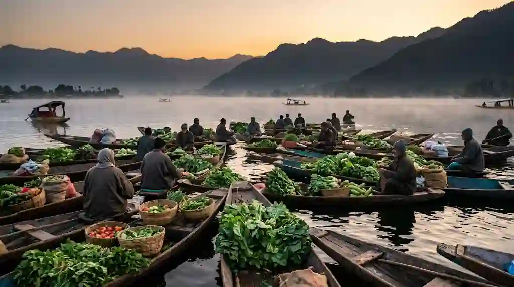 Floating Market in Srinagar: Timing, How to Reach and Tips 3 Vegetable boats gathered on calm water at dawn at the floating market on Dal Lake, Srinagar