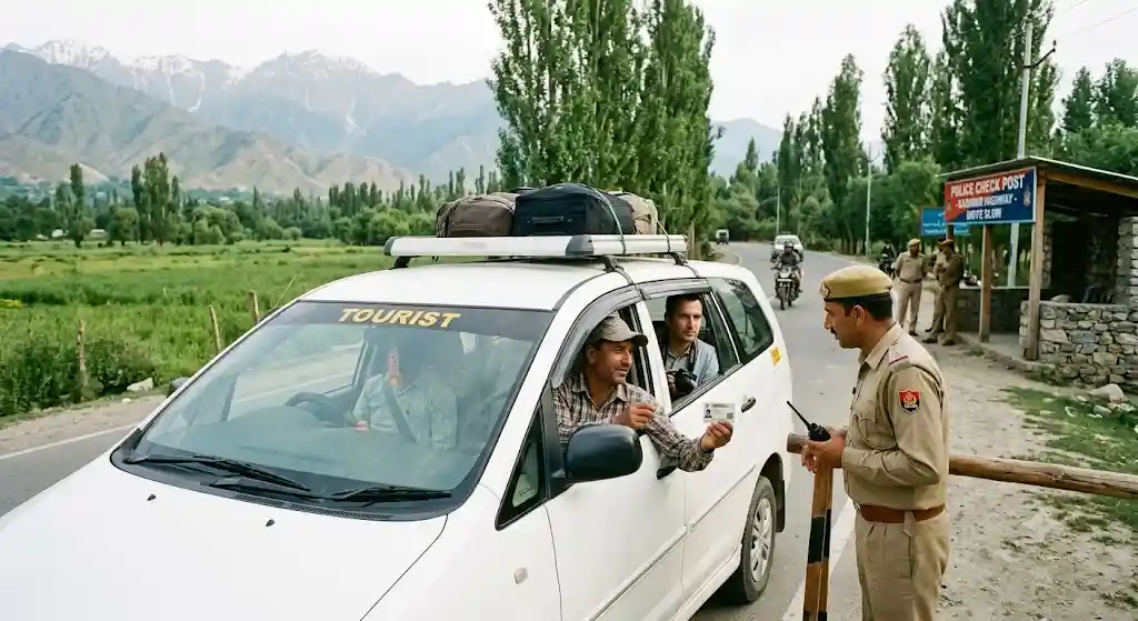 Tourists showing the documents you need to carry for your Kashmir trip at a highway checkpoint
