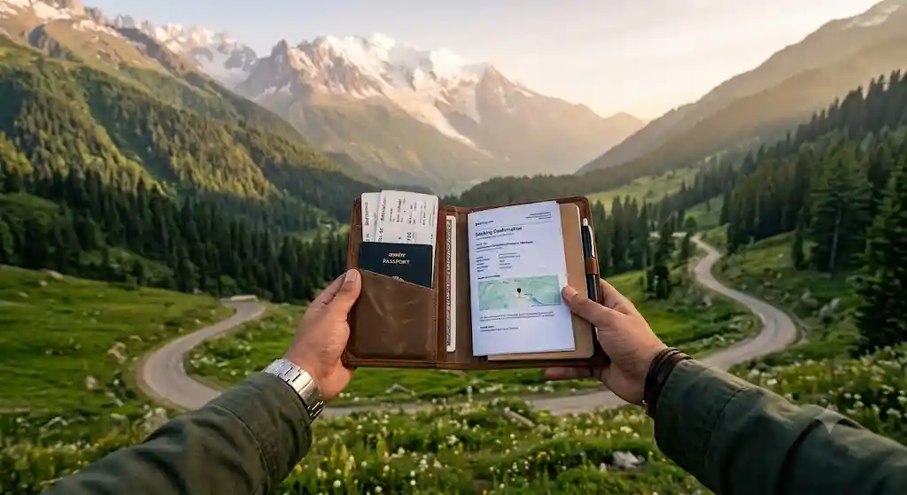 Traveller holding a document folder on a scenic Kashmir mountain road