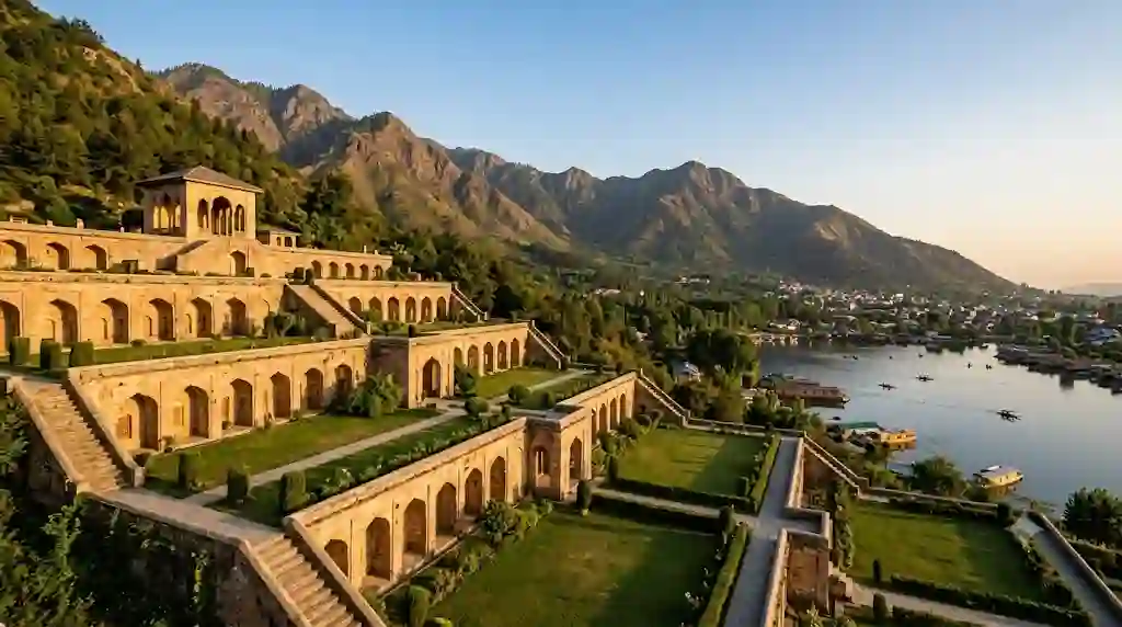 Activities to Do in Srinagar: What to Do, When to Go and Who It Suits 4 A beautiful view of a large, terraced stone palace with arches and stairs built into the side of a mountain at sunset.