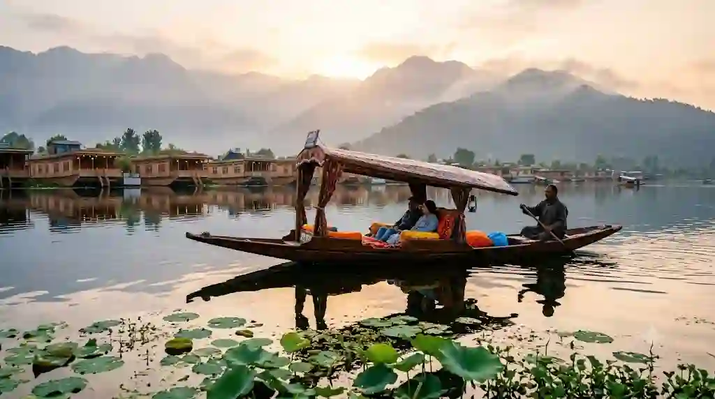 Activities to Do in Srinagar: What to Do, When to Go and Who It Suits 2 A man paddles a wooden boat carrying a couple across a calm lake surrounded by mountains at sunrise.
