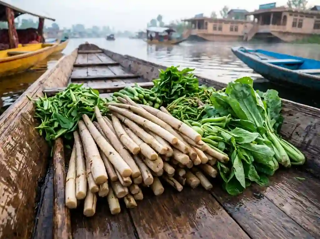 Floating Market in Srinagar: Timing, How to Reach and Tips 2 Freshly harvested lotus stems (nadru) and green vegetables stacked on a boat at the Srinagar floating market