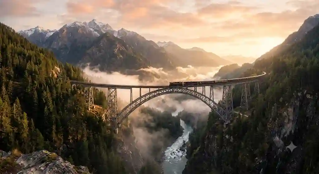 Railway bridge over a deep Himalayan gorge with a train crossing