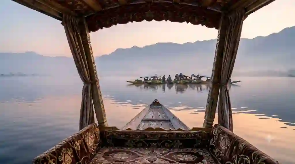 Floating Market in Srinagar: Timing, How to Reach and Tips 6 View from inside a shikara on Dal Lake at sunrise, looking toward vegetable boats gathering in the mist