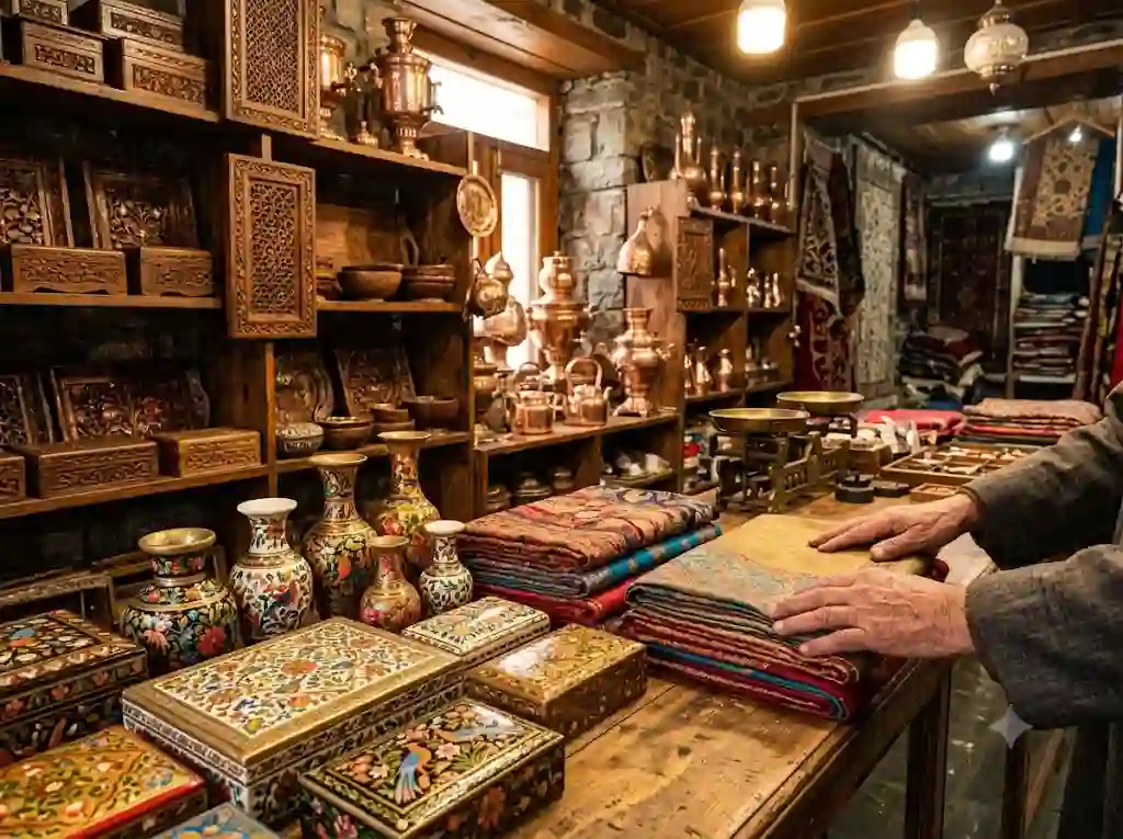 Activities to Do in Srinagar: What to Do, When to Go and Who It Suits 8 A shop owner's hands are folding colorful traditional textiles on a wooden table in a well-stocked craft shop.