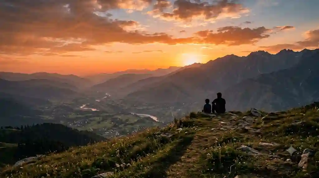 Hilltop sunset viewpoint above the valley near Srinagar with visitors sitting on the ground