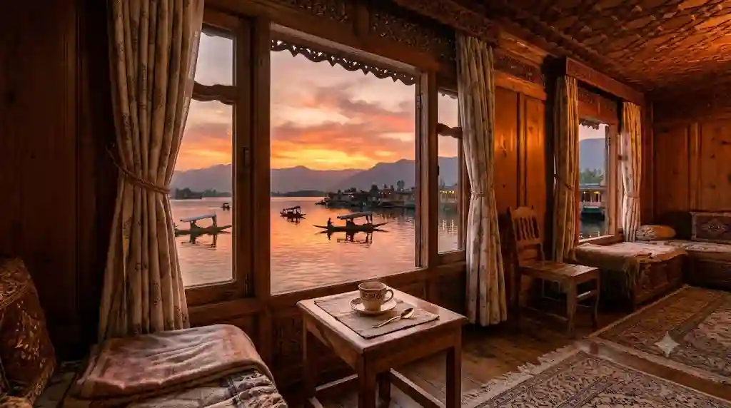 Sunset seen through a houseboat window on a lake in Srinagar